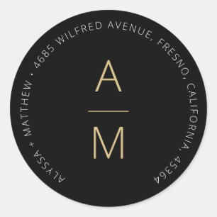 Sticker Rond Noir Moderne + Adresse de Retour en Or