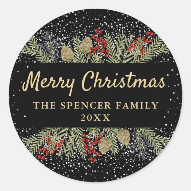 Sticker Rond Noir moderne hiver Holly Berries Noël (Devant)