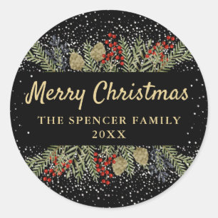 Sticker Rond Noir moderne hiver Holly Berries Noël