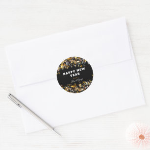 Sticker Rond Noir moderne Joyeux Nouvel An Parties scintillant 