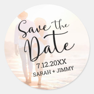 Sticker Rond Noir moderne photo mariage Enregistrer la date