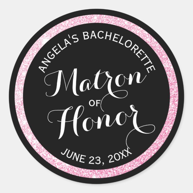 Sticker Rond Noir n rose Parties scintillant Matron d'honneur B (Devant)