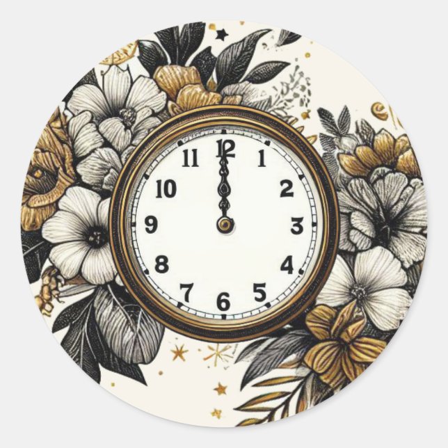 Sticker Rond Noir & Or Nouvel An Mariage (Devant)