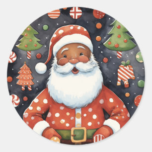 Sticker Rond Noir Père Noël Noël - African American Père Noël