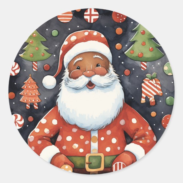 Sticker Rond Noir Père Noël Noël - African American Père Noël (Devant)