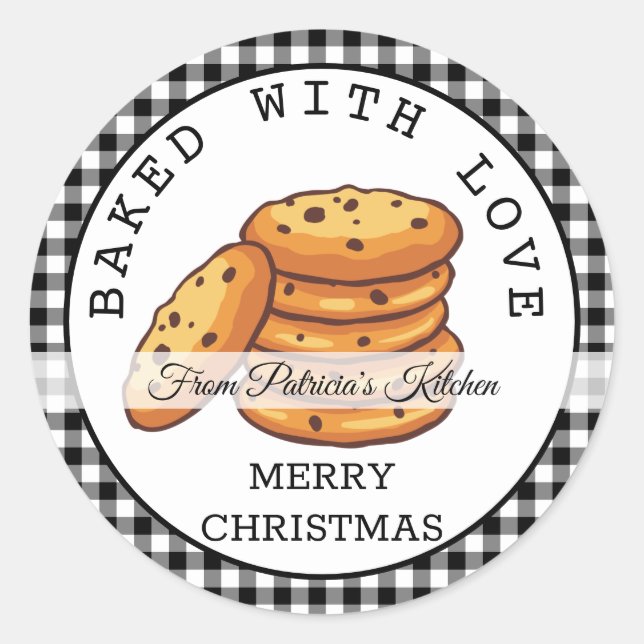 Sticker Rond Noir Plaid Cookies de Noël Cuisiné Avec Amour (Devant)