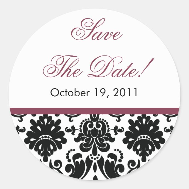 Sticker Rond Noir & Plum Damask Enregistrer la date Mariage Sti (Devant)