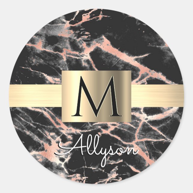 Sticker Rond Noir & Rose Gold Marble Boîte, Nom & Monogramme (Devant)