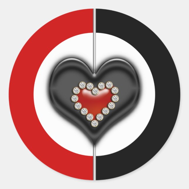 Sticker Rond Noir rouge blanc valentin coeur (Devant)