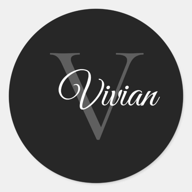 Sticker Rond Noir Simple Avec Monogramme Gris Et Nom Blanc (Devant)