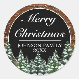 Sticker Rond Noir Snowy Bois & Pin Forêt Joyeux Noël