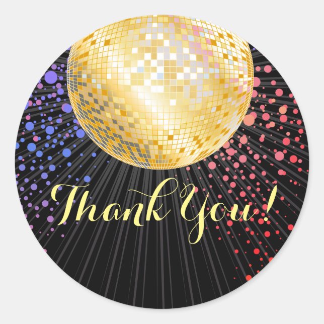 Sticker Rond noir, soirée disco, merci tag (Devant)