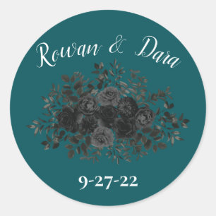 Sticker Rond Noir Turquoise Rose gothique Elégant Mariage