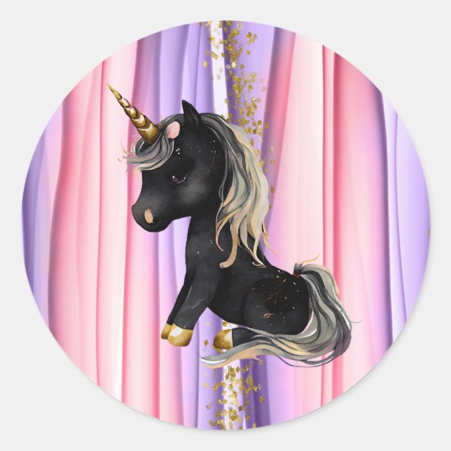 Sticker Rond Noir Unicorne oreilles roses (Devant)
