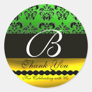 Sticker Rond NOIR VERT OR DAMASK MONOGRAM Merci