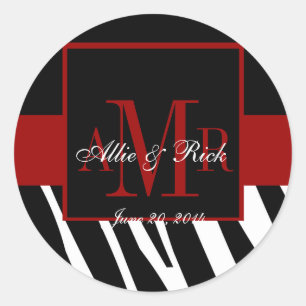 Sticker Rond Noir Zèbre Monogramme Noms Mariage Favoriser Étiqu