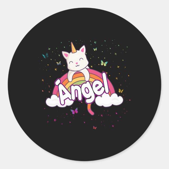 Sticker Rond Nom ÃNgel Avec Beau Caticorn (Devant)