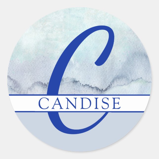 Sticker Rond Nom | Aquarelle bleu monogramme (Devant)
