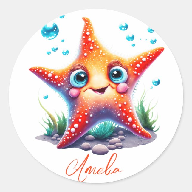 Sticker Rond Nom customisé Souriant Orange Starfish Lover Cadea (Devant)