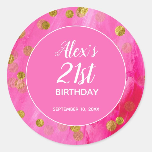 Sticker Rond Nom d'anniversaire 21 ans rose vif pailleté (Devant)