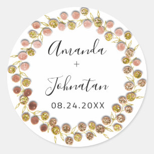 Sticker Rond Nom Date Couronne de mariage or rose de mariage 