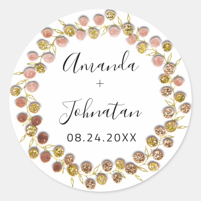 Sticker Rond Nom Date Couronne de mariage or rose de mariage  (Devant)