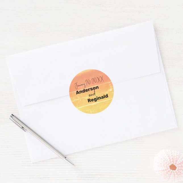 Sticker Rond Nom Date Été Russe Jaune Pêche Mariage (Enveloppe)