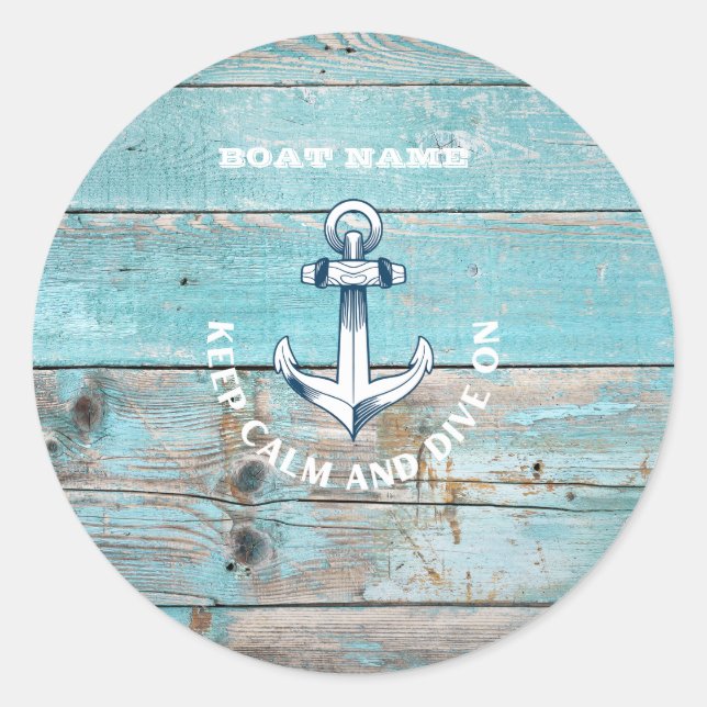 Sticker Rond Nom de bateau nautique Ancre Bois rustique (Devant)