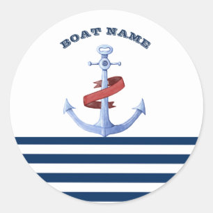 Sticker Rond Nom de bateau nautique, bleu ancre rayé bleu marin