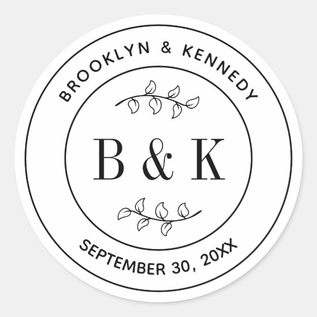 Sticker Rond Nom de couple de mariage à monogramme floral botan (Devant)