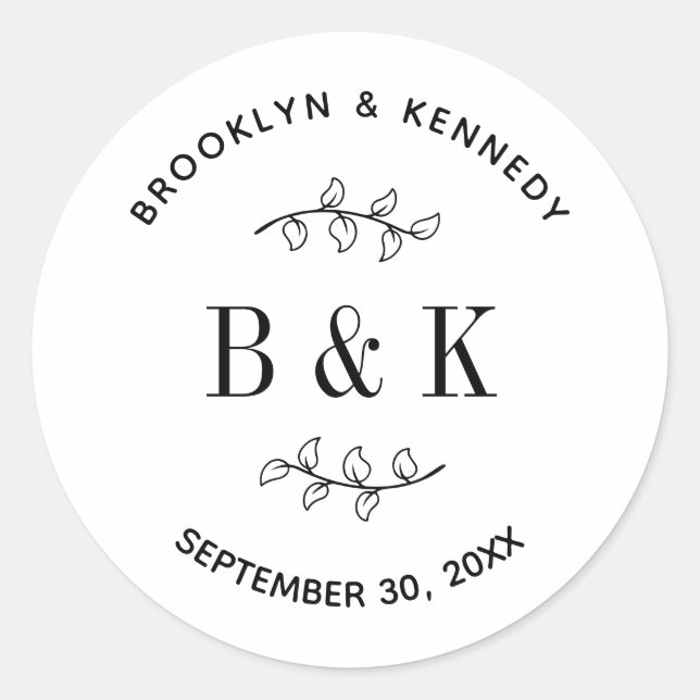 Sticker Rond Nom de couple de mariage botanique floral monogram (Devant)