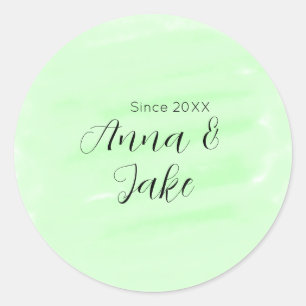 Sticker Rond nom de couple de mariage date aquarelle verte past