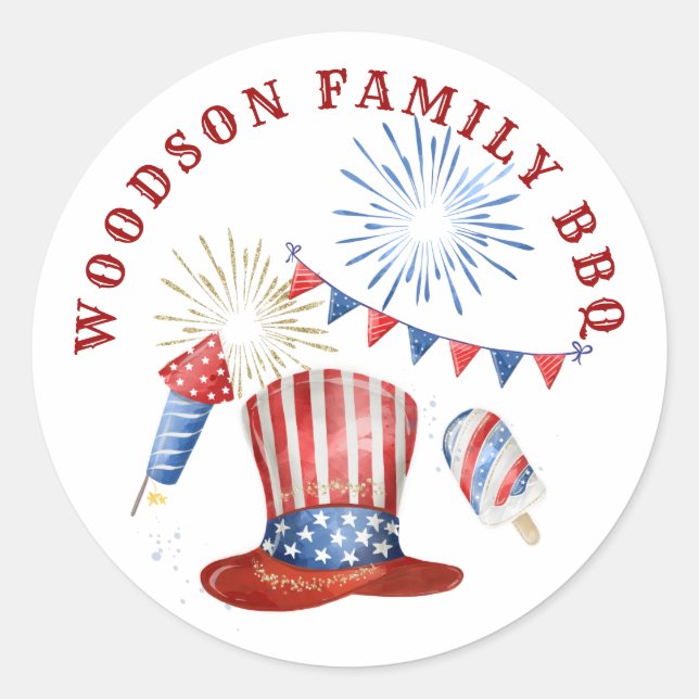 Sticker Rond Nom de famille 4 juillet Family BBQ (Devant)