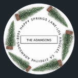 Sticker Rond Nom de famille Adresse RSVP White Christmas Tree<br><div class="desc">Faites de vos vacances uniques avec florenceKdesign</div>