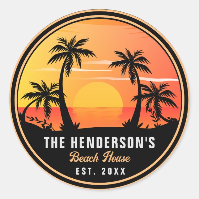 Sticker Rond Nom de famille Beach House Retro Sunset Souvenirs  (Devant)