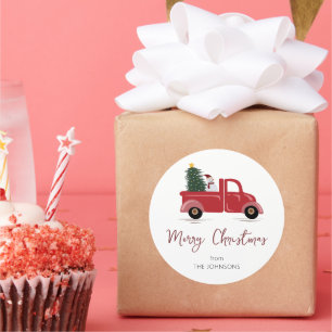 Sticker Rond Nom de famille Camion rouge Snowman Arbre de Noël