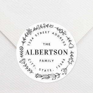 Sticker Rond Nom de famille Couronne Florale Adresse de Retour 