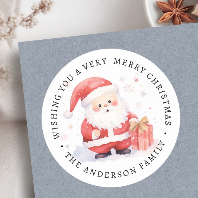 Sticker Rond Nom de famille de l'illustration d'aquarelle de Pè (Cute Santa watercolor illustration family name Classic Round Sticker)