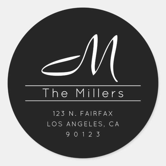 Sticker Rond Nom de famille de script Adresse de retour & Monog (Devant)