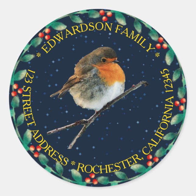 Sticker Rond Nom de famille d'oiseau Robin Noël adresse de reto (Devant)