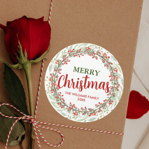 Sticker Rond Nom de famille Joyeux Noël Flower Wreath