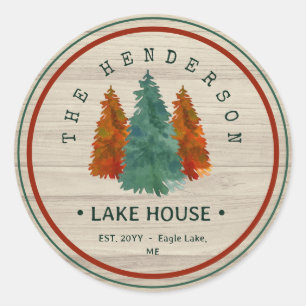 Sticker Rond Nom de famille Lake House Pine Tree bois Personnal