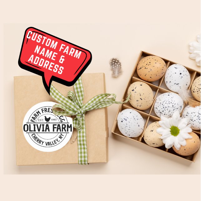 Sticker Rond Nom de ferme personnalisé moderne Adresse du vende (Modern custom farm name with date round sticker.)