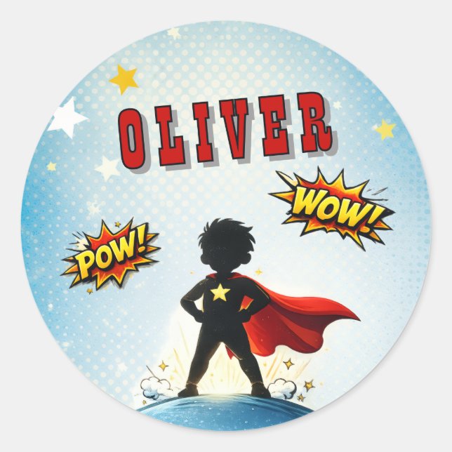 Sticker Rond Nom de garçon de super-héros de style BD pour anni (Devant)