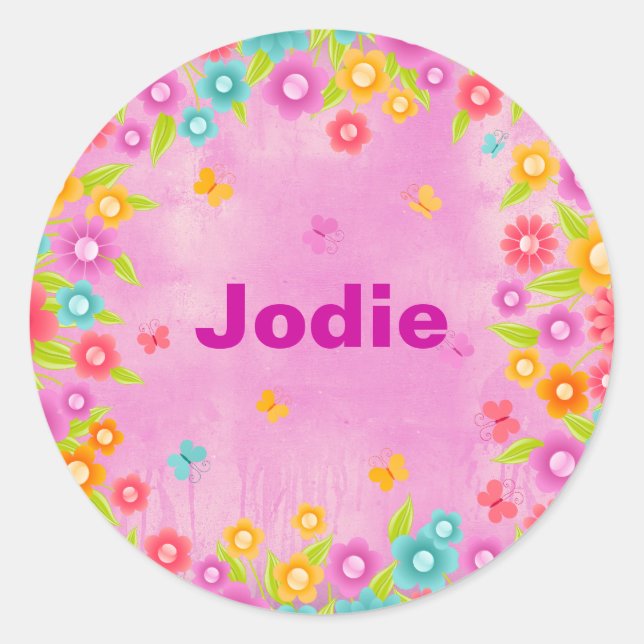 Sticker Rond Nom de la fête des papillons et des fleurs (Devant)