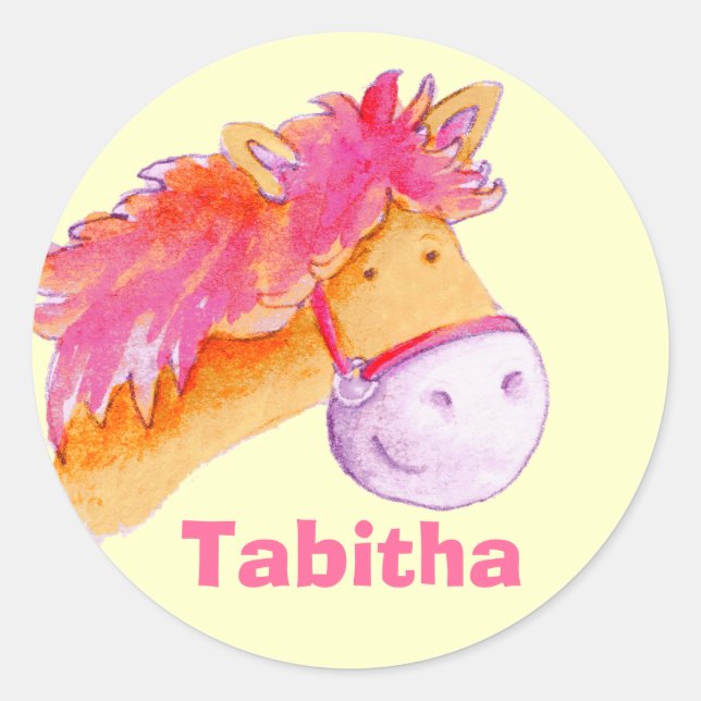 Sticker Rond Nom de la fille Tabitha cheval poney rose autocoll (Devant)