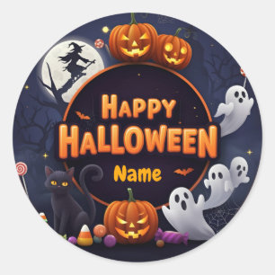 Sticker Rond Nom de la Personnaliser Happy Halloween