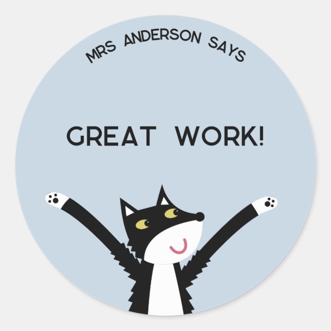 Sticker Rond Nom de l'enseignant Encouragement Chat Drôle (Devant)