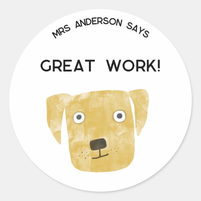 Sticker Rond Nom de l'enseignant Encouragement Chien drôle (Devant)