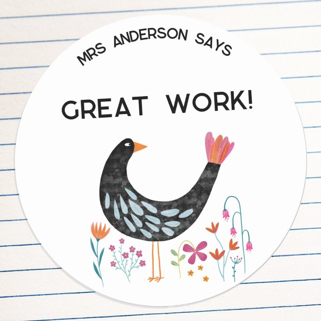 Sticker Rond Nom de l'enseignant Encouragement Oiseau (Fun bird personalize teacher name student encouragement great work sticker)